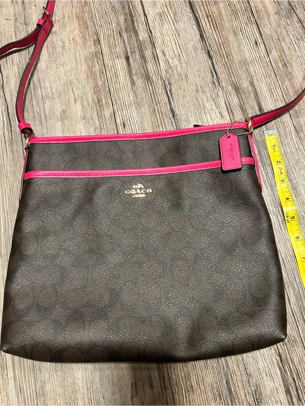 Coach Brown Signature File Bag Crossbody with Bright Fuchsia  Trim